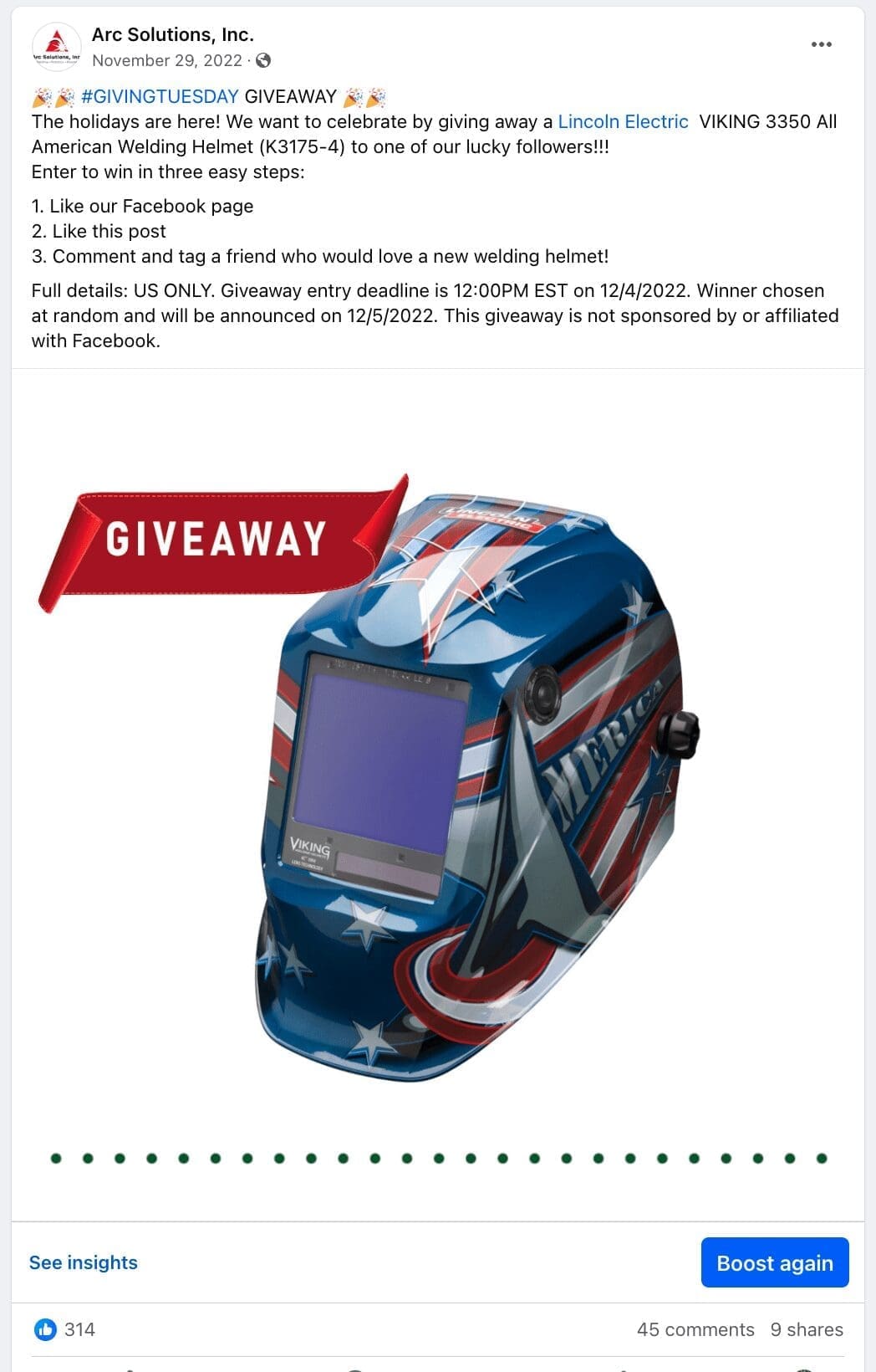 arc solutions facebook post of a social media contest to improve page likes